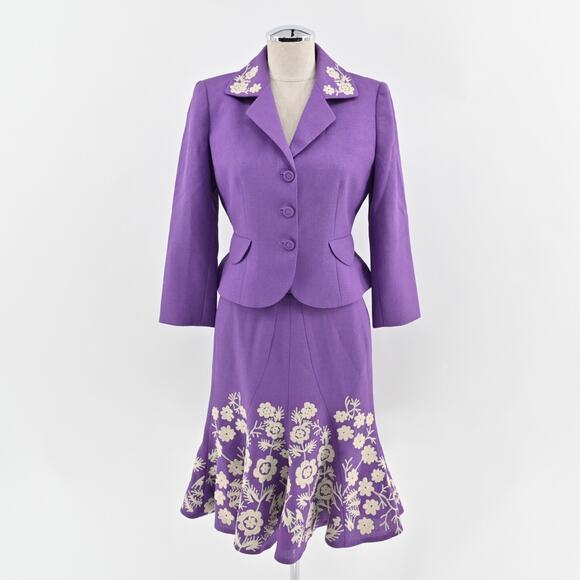 Nipon Boutique Dresses & Skirts - Vtg NIPON BOUTIQUE Skirt‎ Suit Set Sz 2P Purple Floral Embroidered Art Statement